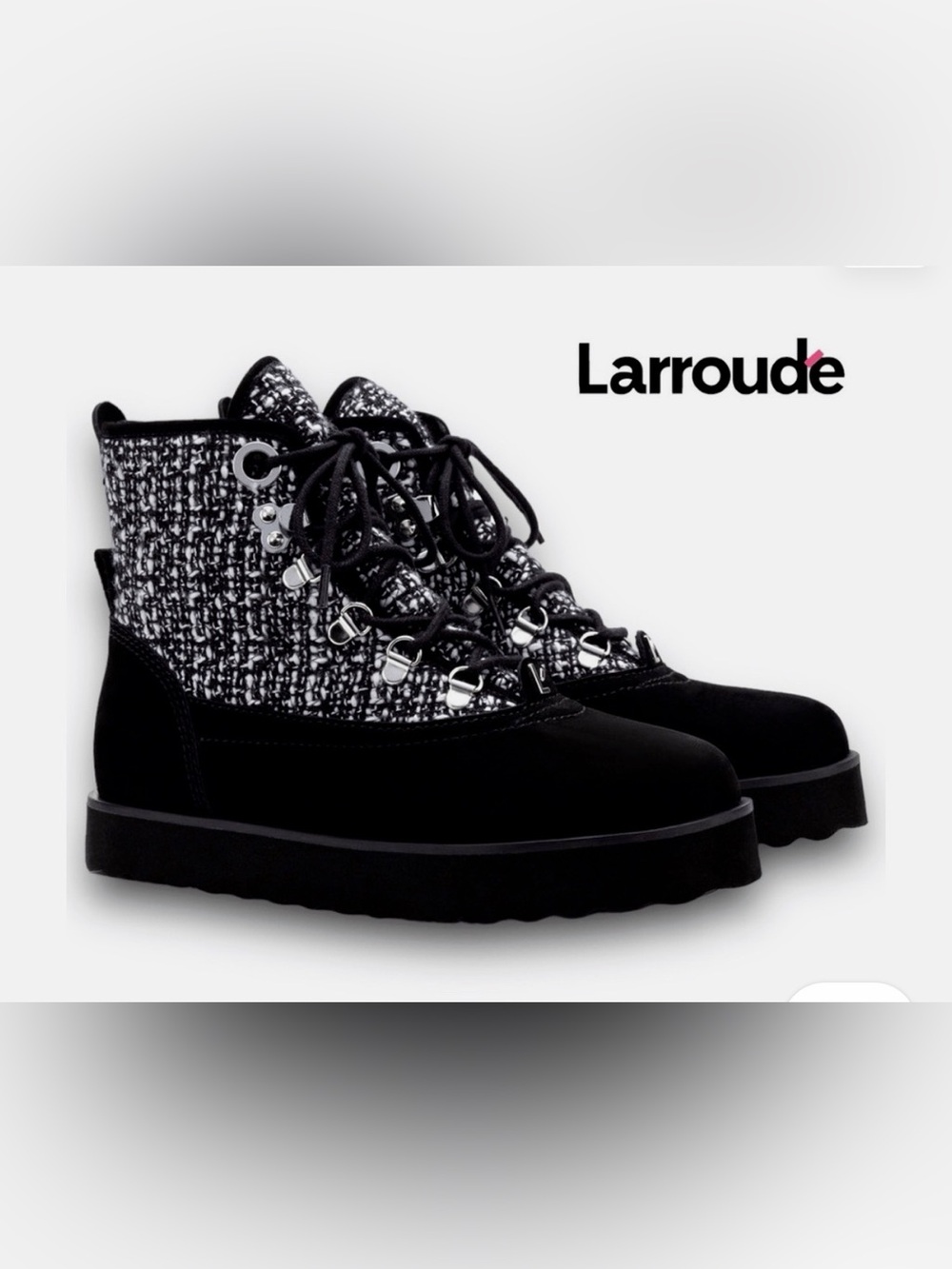$415 Larroude Vale Tweed and Sherpa Boots - Black and White